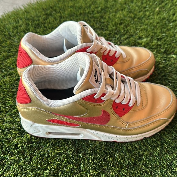 Nike Men's Red Black Gold Solid Leather Air Max 931896 994 Shoes Size 6.5 49ers - Picture 6 of 7